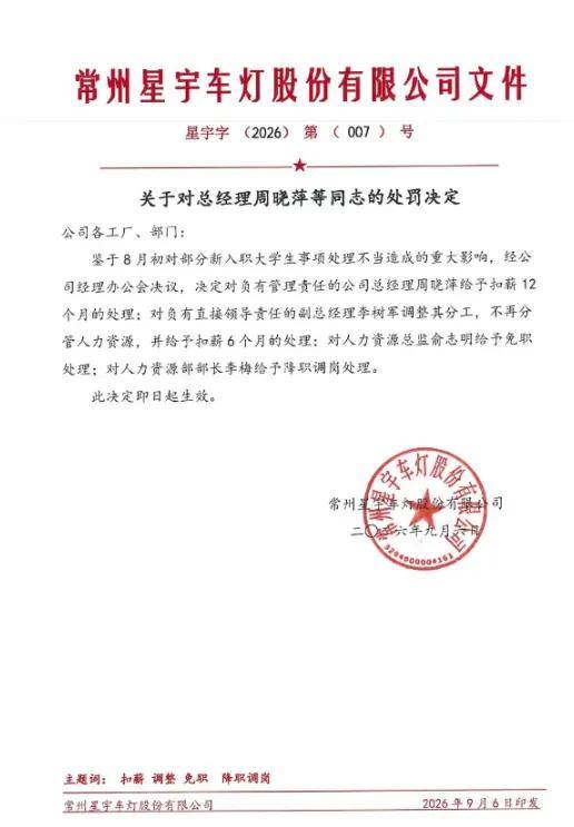 星宇股份公佈“批次解約107名應屆大學畢業生”處罰決定